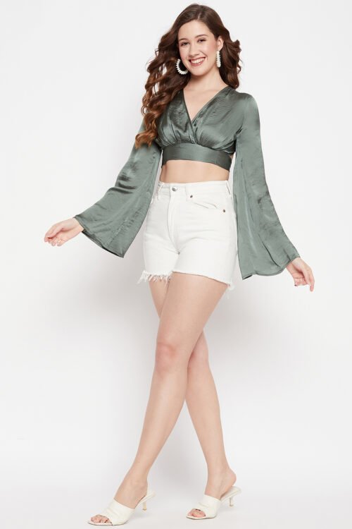WOVEN SATIN CROP TOP WITH BELL SLEEVE