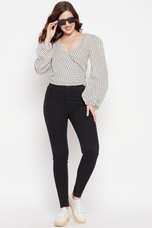 WOVEN LONG SLEEVE TOP & V NECK