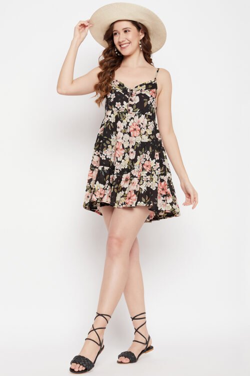 WOVEN FLORAL PRINT SHORT DRESS