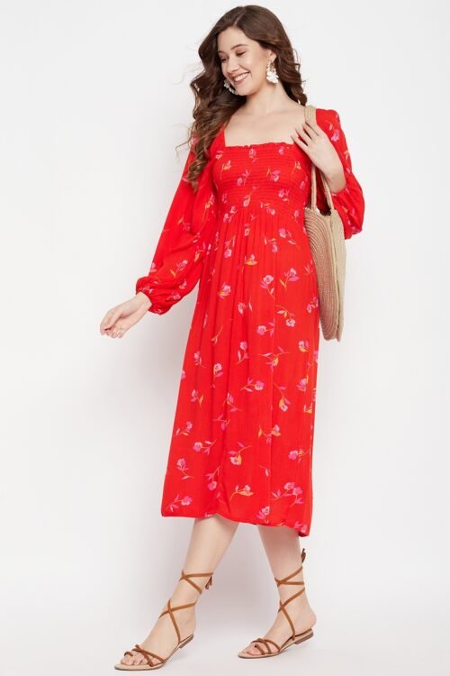 WOVEN FLOWER PRINT AND PUFF LONG SLEEVE